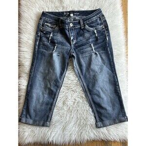 Ariya Juniors Size 9 / 10 Cuffed Fringe Hem Distressed Embroidered Jeans Capris
